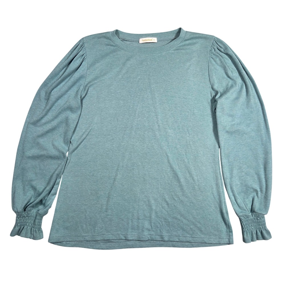 Fantaslook Women Medium Puff Sleeve Crew Neck Long‎ Sleeve Top Teal Blue Preppy
